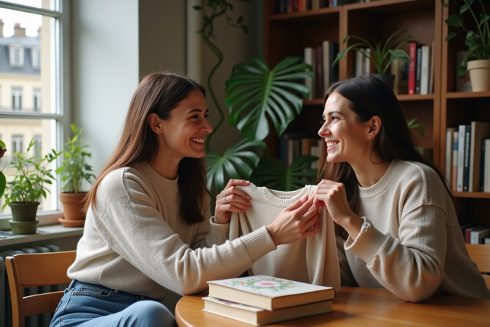 femmes-vintage-echange-paris Deux femmes françaises échangent un pull vintage dans un appartement parisien