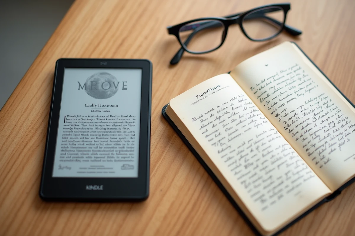 Vue du dessus d'une liseuse Kindle et d'un livre papier côte à côte sur une table en bois, illustrant les formats numériques Amazon