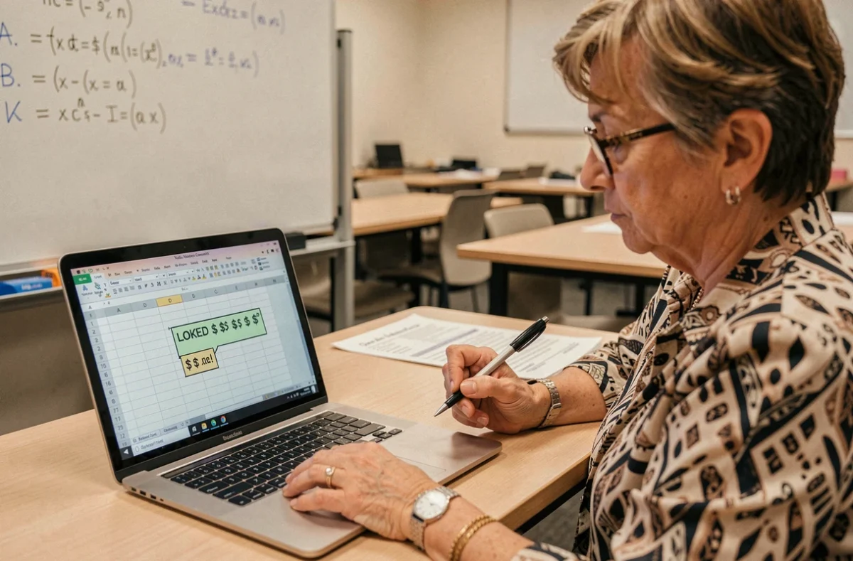 Femme en formation Excel apprenant à figer des cellules avec aide-mémoire imprimé