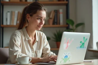 Freelance femme utilisant Leonardo AI sur son ordinateur dans un bureau home office moderne pour créer des illustrations sans savoir dessiner