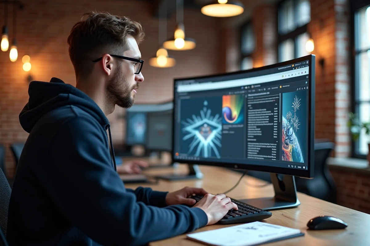 Freelance homme en espace de coworking utilisant une interface Leonardo AI en français pour proposer des services graphiques à des clients