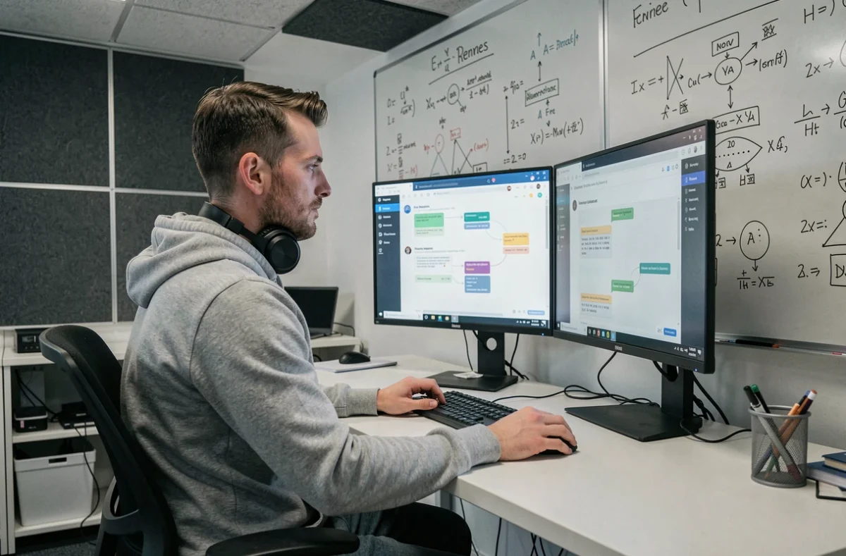 Développeur de Genesys testant une interface d'IA conversationnelle dans un laboratoire de R&D à Rennes