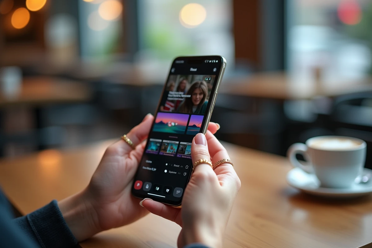 Gros plan sur les mains tenant un Samsung Galaxy avec interface de montage vidéo TikTok dans un café