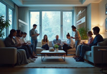 Groupe de personnes dans un salon avec publicités numériques ciblées