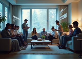 Groupe de personnes dans un salon avec publicités numériques ciblées