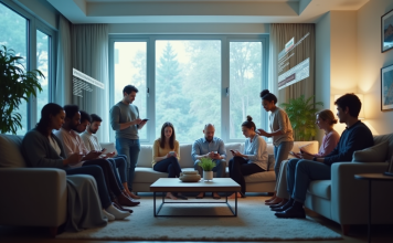 Publicités ciblées: l’avenir décrypté et perspectives à venir Groupe de personnes dans un salon avec publicités numériques ciblées