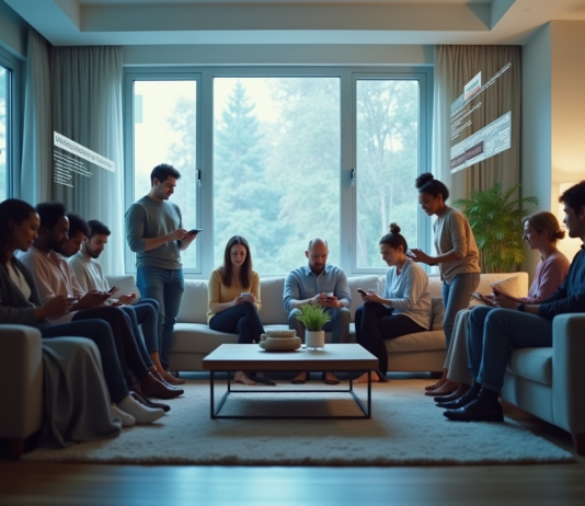 Publicités ciblées: l’avenir décrypté et perspectives à venir Groupe de personnes dans un salon avec publicités numériques ciblées