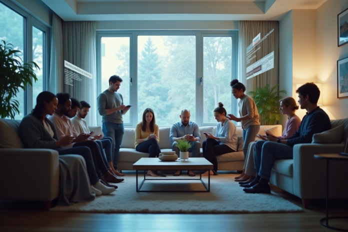 Groupe de personnes dans un salon avec publicités numériques ciblées