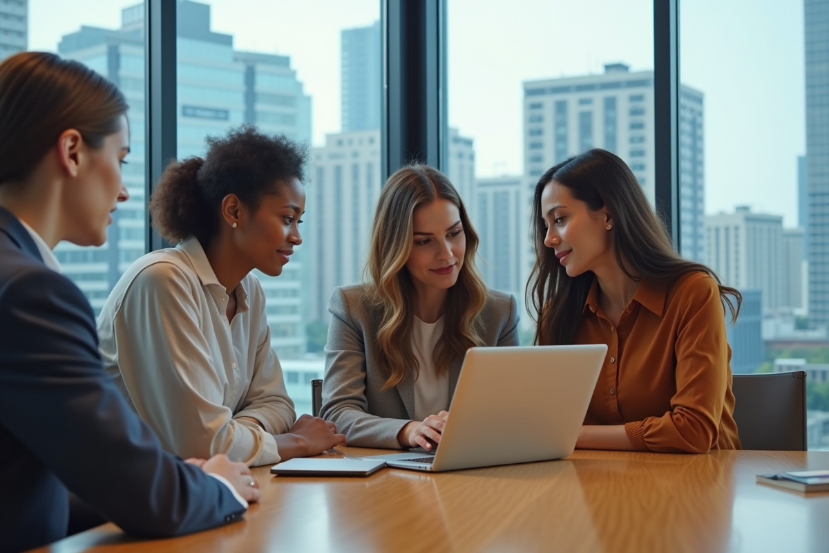 Groupe de quatre personnes en réunion dans salle vitree