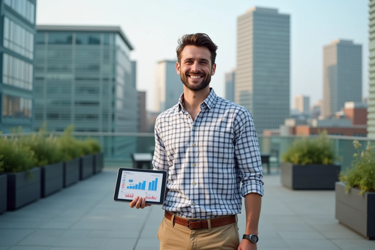 Homme souriant tenant une tablette avec des graphiques SEO en extérieur