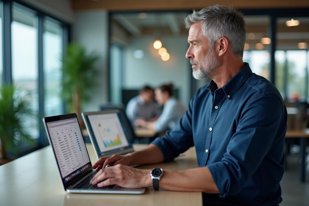Homme en bureau open space comparant des tableaux de conversion gigaoctets en mégaoctets sur deux laptops