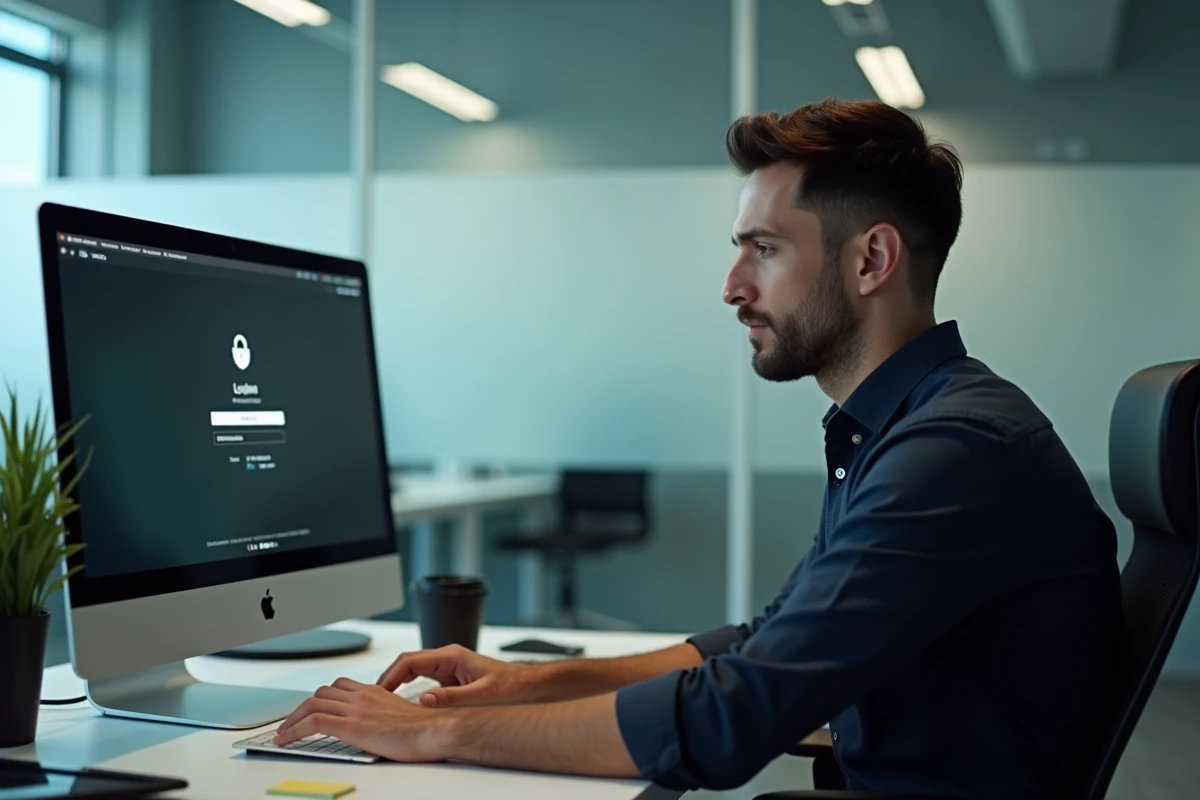 Homme au bureau face à un écran montrant un formulaire de consentement de données sur un navigateur web, symbolisant les enjeux de confidentialité des sites de consultation Instagram