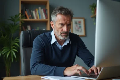 Homme d'âge moyen vérifiant une erreur de webmail dans son bureau