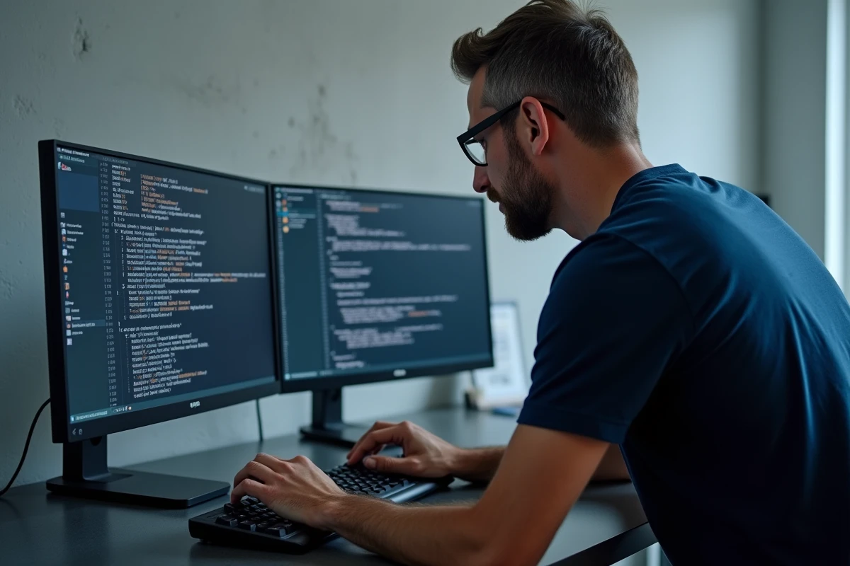 Homme lisant un tutoriel de conversion JFIF en JPEG dans un environnement de bureau Linux minimaliste