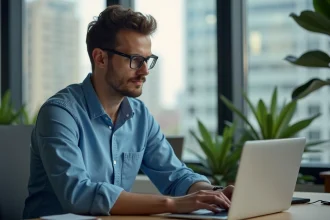 Homme professionnel au bureau avec ordinateur portable