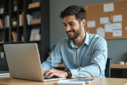 Homme d'affaires souriant devant son ordinateur dans un bureau moderne