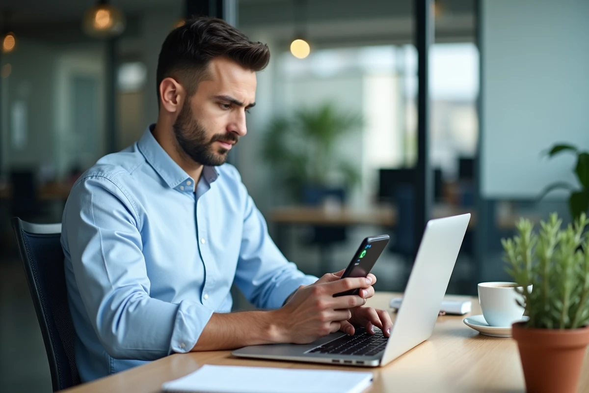 Homme en bureau programmant un message WhatsApp sur smartphone avec ordinateur portable