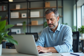 Homme d'affaires au bureau travaillant sur son ordinateur