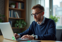 Homme d'âge moyen vérifiant la sécurité de son ordinateur