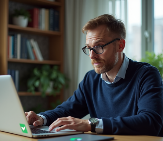 Homme d'âge moyen vérifiant la sécurité de son ordinateur