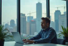 Impact environnemental du numérique en 2030 : prévisions et enjeux à considérer Homme d affaires concentré au bureau avec vue urbaine