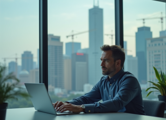 Homme d affaires concentré au bureau avec vue urbaine