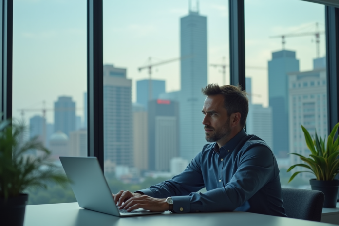 homme-bureau-ville-technologie Homme d affaires concentré au bureau avec vue urbaine