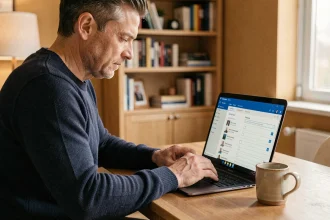 Homme consultant la liste de vérification Windows Defender sur un ordinateur portable dans un bureau à domicile