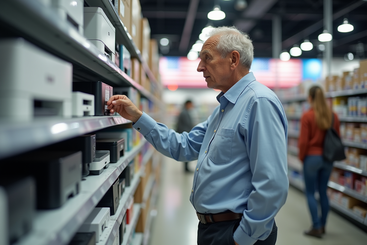 Homme dans un magasin compare des imprimantes abordables