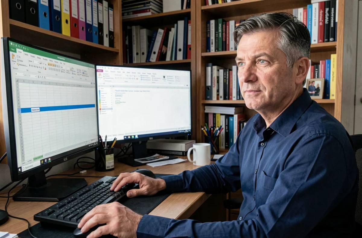 Homme travaillant sur Excel avec double écran pour apprendre à figer des cellules