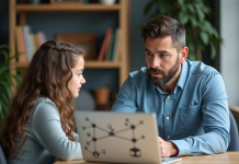 Différence entre Internet et web : comprendre les distinctions clés Homme enseignant expliquant à une adolescente devant un ordinateur