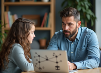 Différence entre Internet et web : comprendre les distinctions clés Homme enseignant expliquant à une adolescente devant un ordinateur