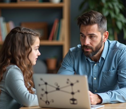 Différence entre Internet et web : comprendre les distinctions clés Homme enseignant expliquant à une adolescente devant un ordinateur