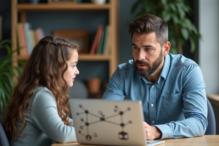 homme-enseignant-fille-ordinateur Homme enseignant expliquant à une adolescente devant un ordinateur