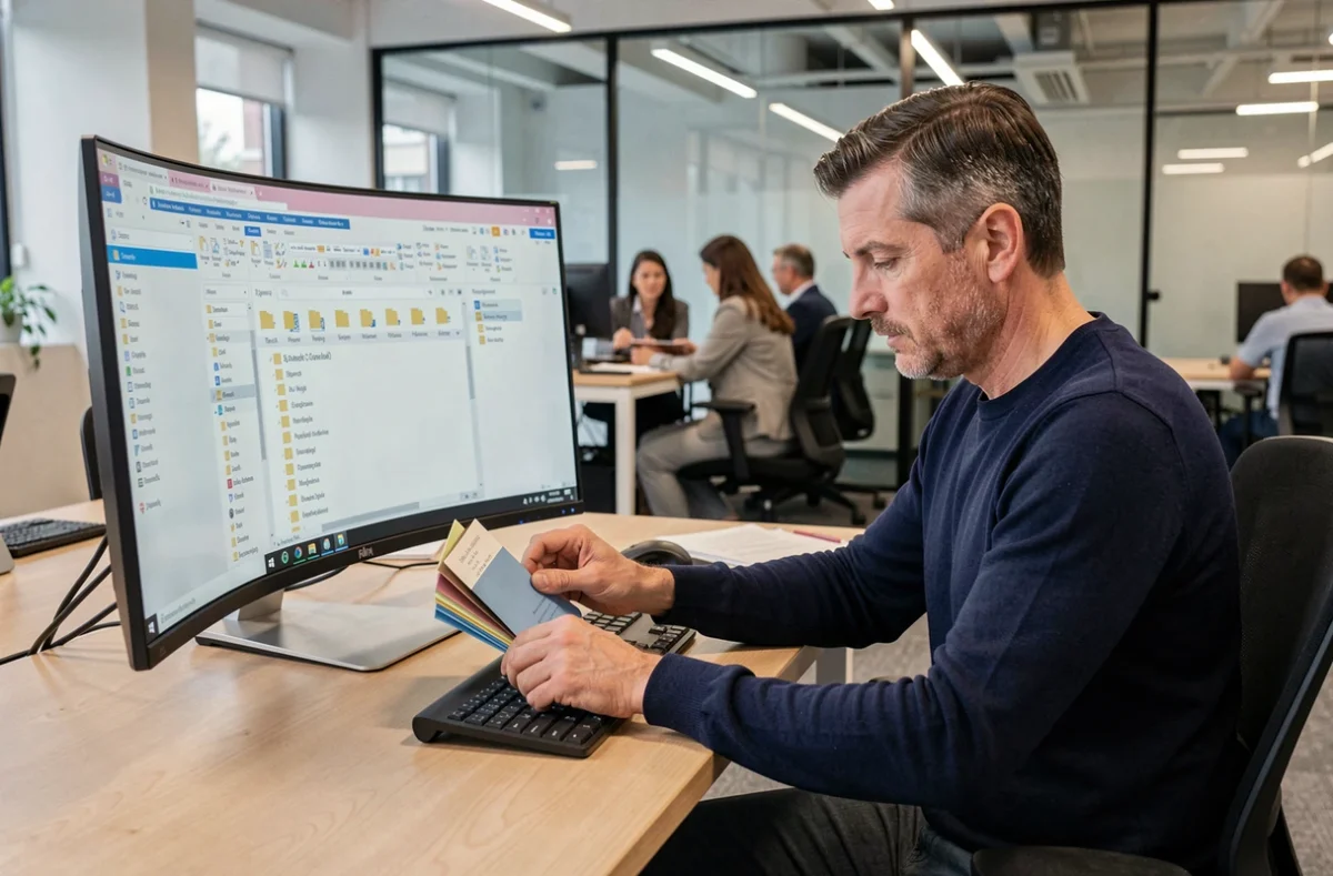 Homme professionnel gérant l'organisation de ses favoris sur un grand écran incurvé dans un bureau moderne