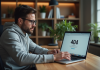 Comment voir une page 404 : astuces pratiques pour retrouver une erreur sur un site web Homme en hoodie regardant un écran 404 dans un bureau moderne