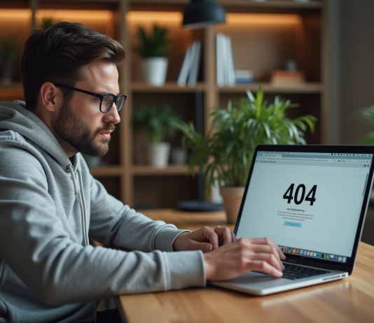 Comment voir une page 404 : astuces pratiques pour retrouver une erreur sur un site web Homme en hoodie regardant un écran 404 dans un bureau moderne