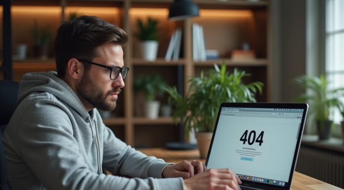 Comment voir une page 404 : astuces pratiques pour retrouver une erreur sur un site web Homme en hoodie regardant un écran 404 dans un bureau moderne