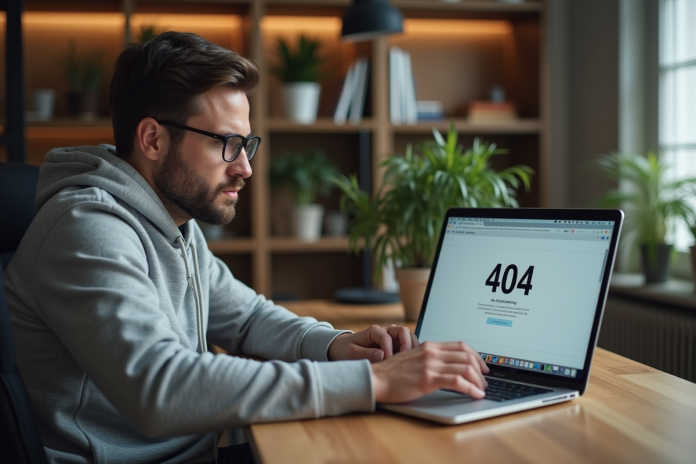 homme-ordinateur-404 Homme en hoodie regardant un écran 404 dans un bureau moderne