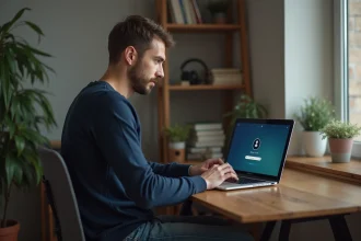 Homme en intérieur regarde son ordinateur portable