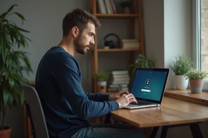 Homme en intérieur regarde son ordinateur portable