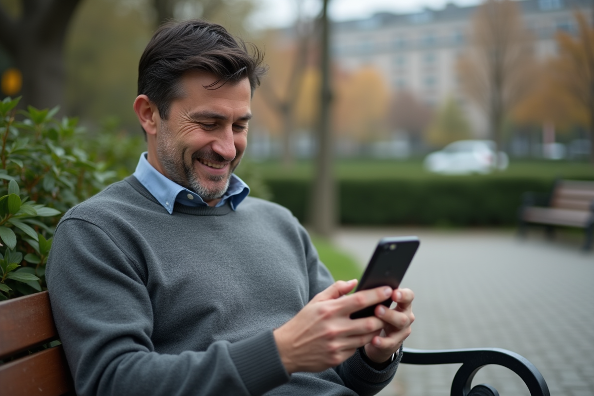 Homme dans un parc utilisant son smartphone pour accéder à un site sécurisé