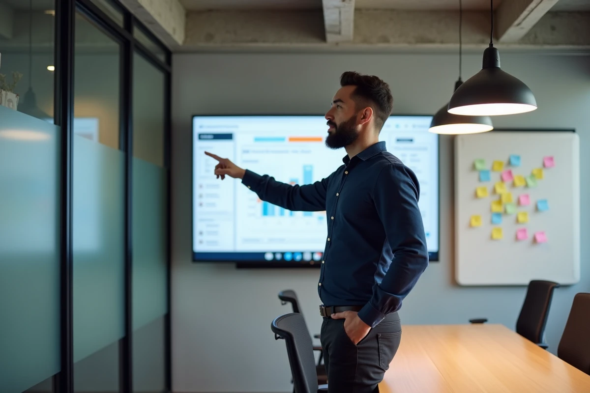 Homme présentant les fonctionnalités d'Epsilon Soft sur un grand écran lors d'une réunion en startup tech