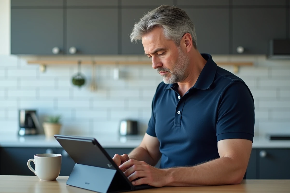 Homme utilisant la fonction presse-papier sur une tablette Android dans une cuisine moderne