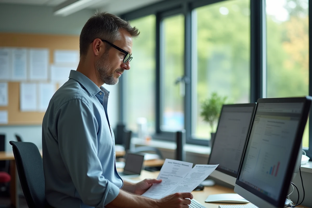 Homme vérifiant un rapport dans un bureau scolaire moderne