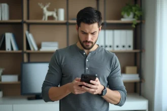 Homme tenant un smartphone Samsung Galaxy S24 FE et examinant ses caractéristiques techniques avec un regard sceptique