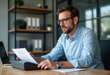 Homme d'âge moyen scannant un document au bureau