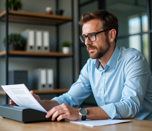 Algorithme OCR : trouver le meilleur logiciel de reconnaissance optique de caractères Homme d'âge moyen scannant un document au bureau
