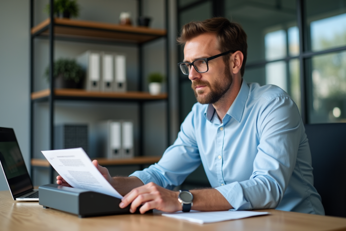 Homme d'âge moyen scannant un document au bureau