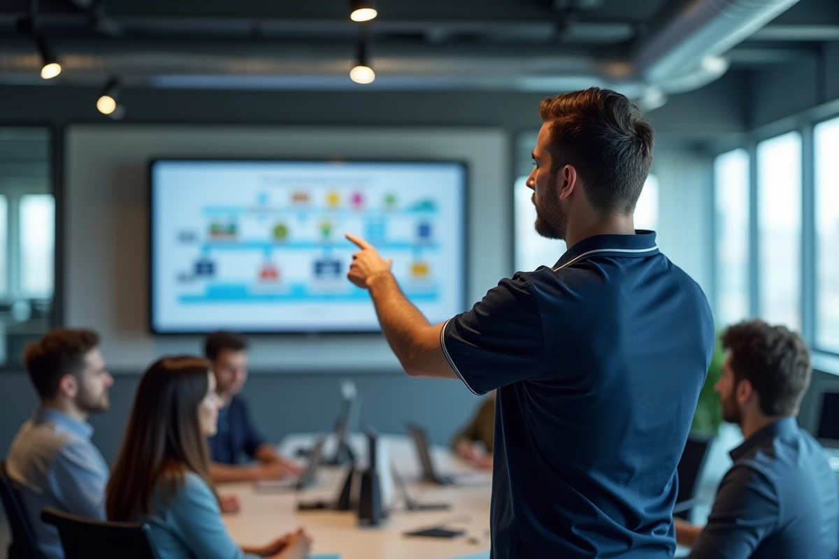 Homme en bureau moderne présentant un schéma mural sur la distinction entre internet, le web et les réseaux sociaux lors d'une session d'explication technologique
